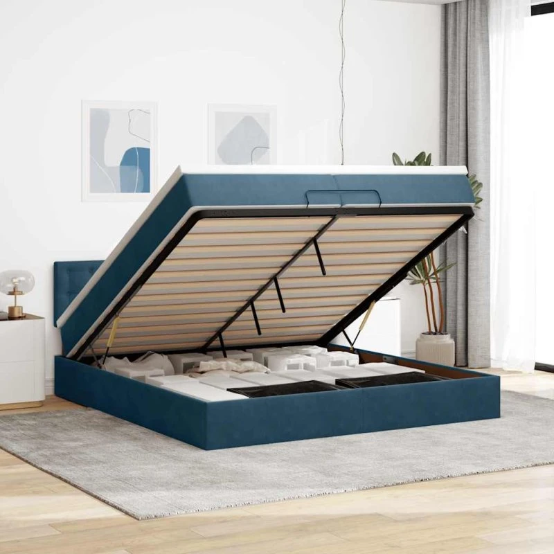 vidaXL ottomansk sengeramme med madras 200x200 cm fløjl mørkeblå