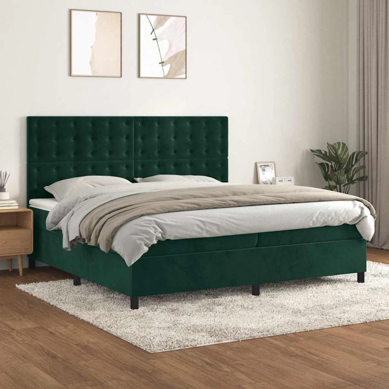 vidaXL Kontinentalseng 200x200 cm med madras, fløjl mørkegrøn