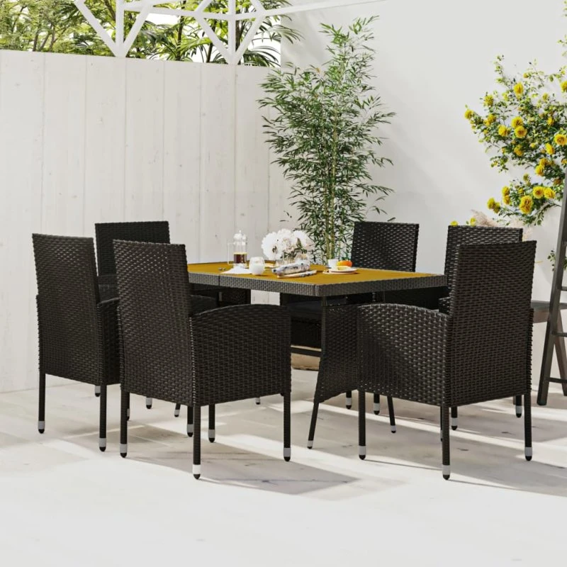 vidaXL havespisebordssæt 7 dele polyrattan sort