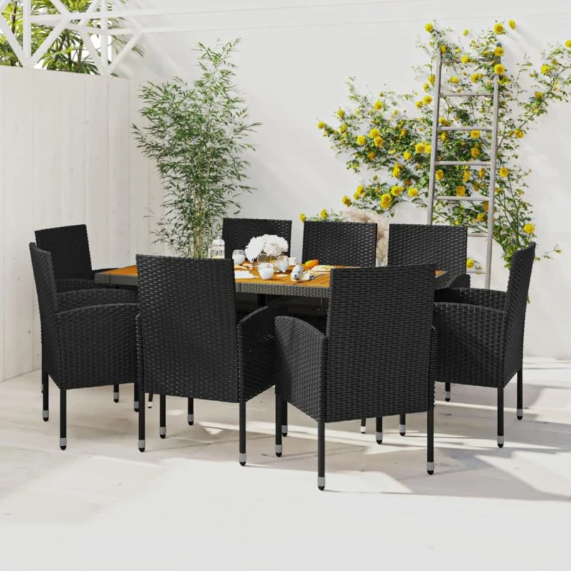 vidaXL havespisebordssæt 9 dele polyrattan sort
