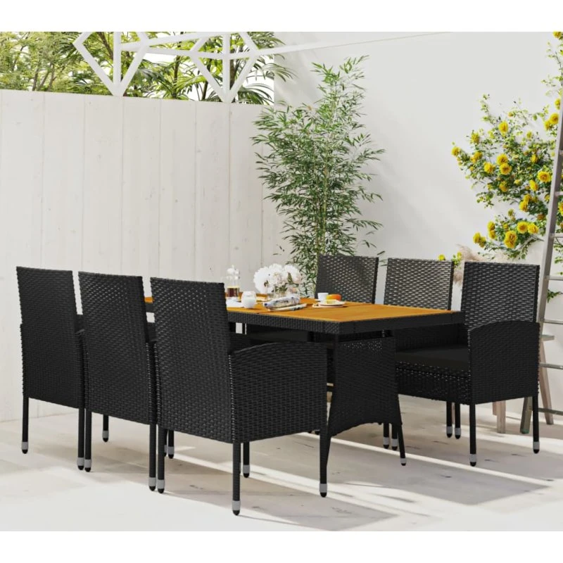 vidaXL 7-dele spisebordssæt til haven i sort polyrattan