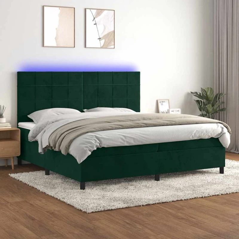 vidaXL kontinentalseng 200x200 cm fløjl mørkegrøn med LED