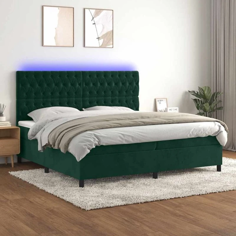 vidaXL kontinentalseng med LED-lys 200x200 cm fløjl mørkegrøn