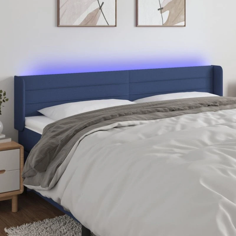 vidaXL sengegavl med LED-lys 183x16x78/88 cm stof blå