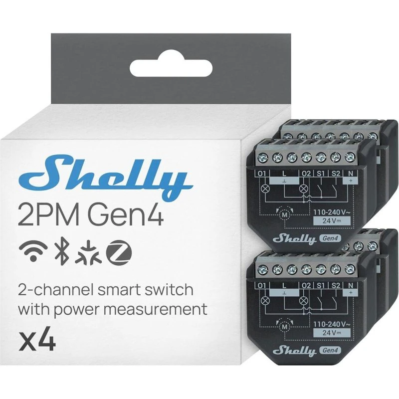 Shelly 2PM Gen4 4-pack – Wi‑Fi & Zigbee 2-kanals relæ med effektmåling