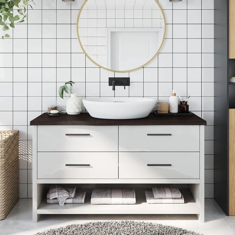 vidaXL bordplade til badeværelse 100x30x(2–4) cm massiv egetræ mørkebrun