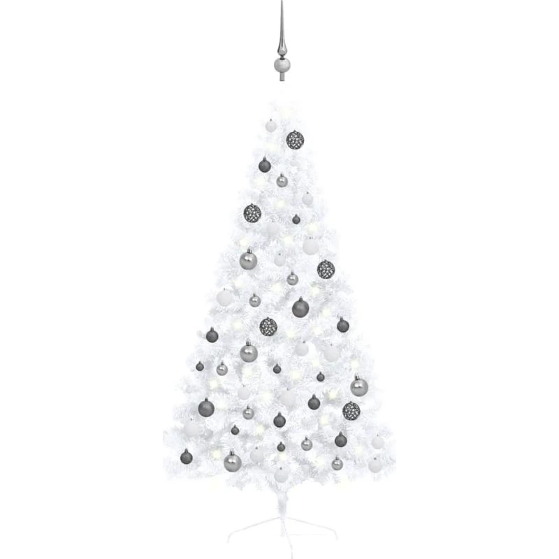 vidaXL kunstigt halvt juletræ med LED-lys & kuglesæt 150 cm hvid