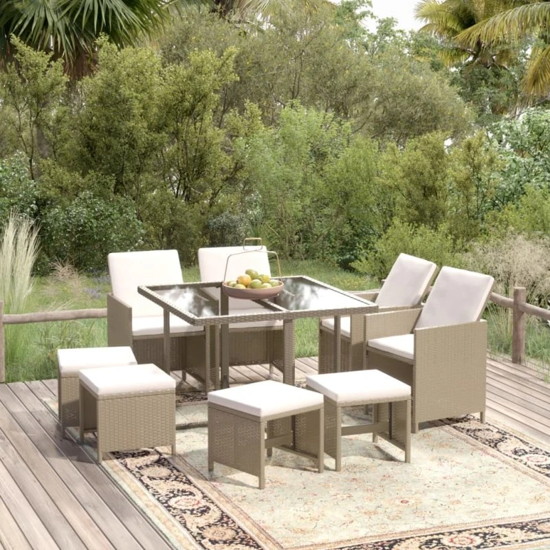 vidaXL spisebordssæt til haven 9 dele beige polyrattan