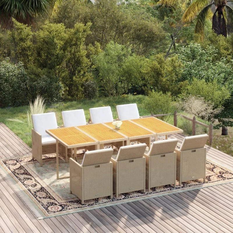 vidaXL havespisebordssæt 9 dele i beige polyrattan