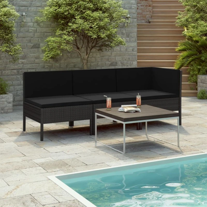 vidaXL 3-dele loungesæt i polyrattan med hynder - sort