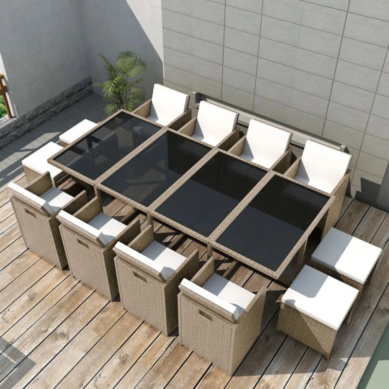 vidaXL udendørs spisebordssæt 13 dele i beige polyrattan