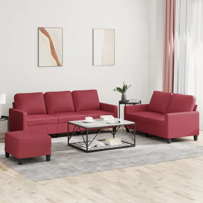 vidaXL sofasæt 3 dele i kunstlæder, vinrød med hynder