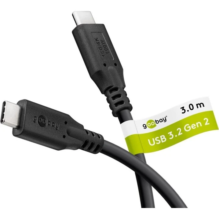 Goobay USB-C 3.2-kabel 3 m, 100 W, 10 Gbit/s – sort