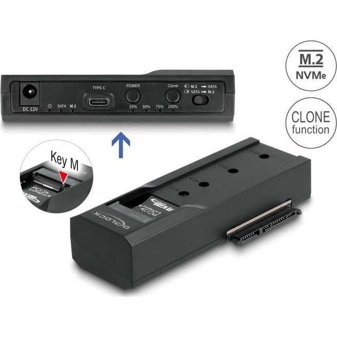DeLOCK USB-C konverter til M.2 NVMe + 2,5" SATA med klonfunktion