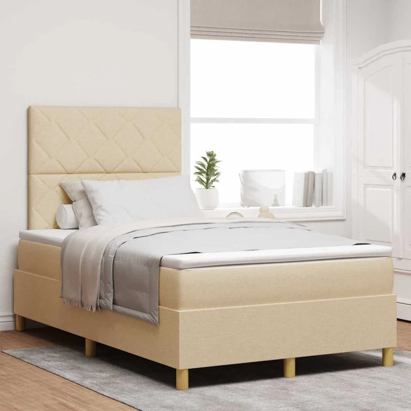 vidaXL Boxspring seng med madras 120x190 cm, creme stof