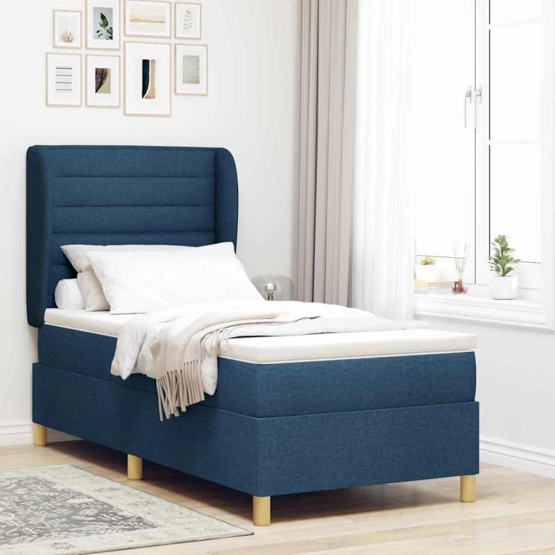 vidaXL Boxspring seng 90x190 cm blå stof med madras og hovedgærde