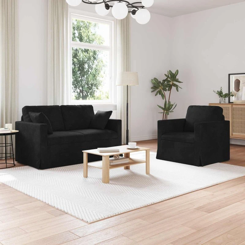 Sofa Sæt 2-dele i Sort Fløjl 138x78x80 cm