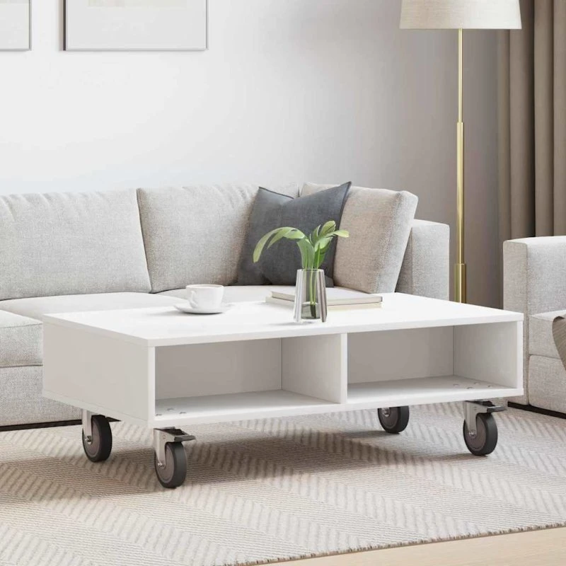 Sidebord med hjul 90x50x30 cm – Hvid, konstrueret træ