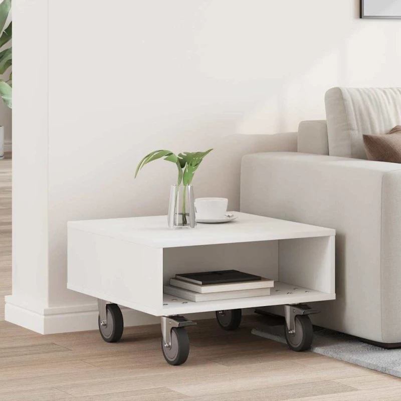 Sidebord med hjul, hvid 50x50x30 cm – konstrueret træ