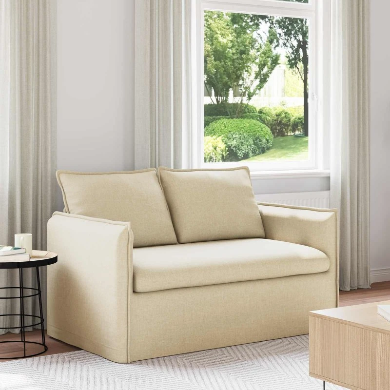 Moderne creme stofsofa med metalramme, 156/195 cm