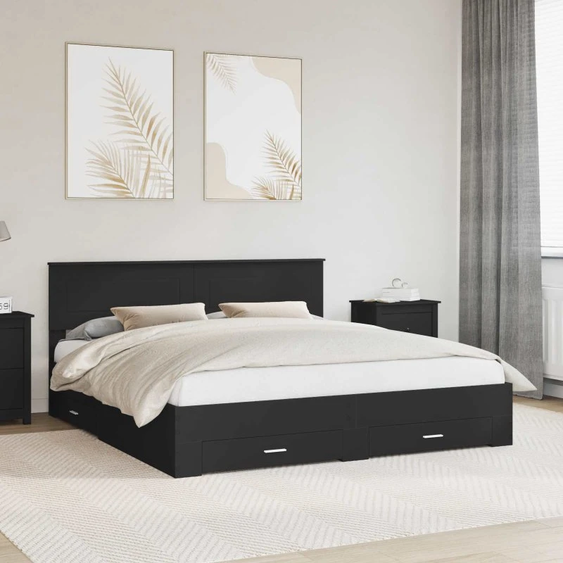 Sengestel med skuffe 200x200 cm – Sort/Sølv
