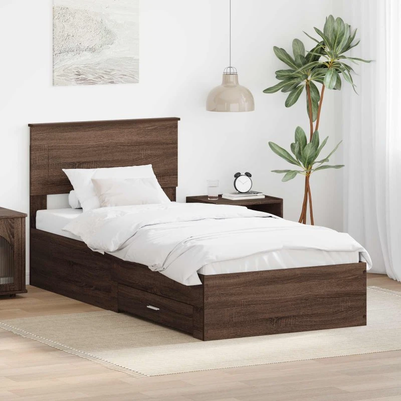 Sengestel 100 x 200 cm Brun Eg & Sølv - Opbevaringsseng