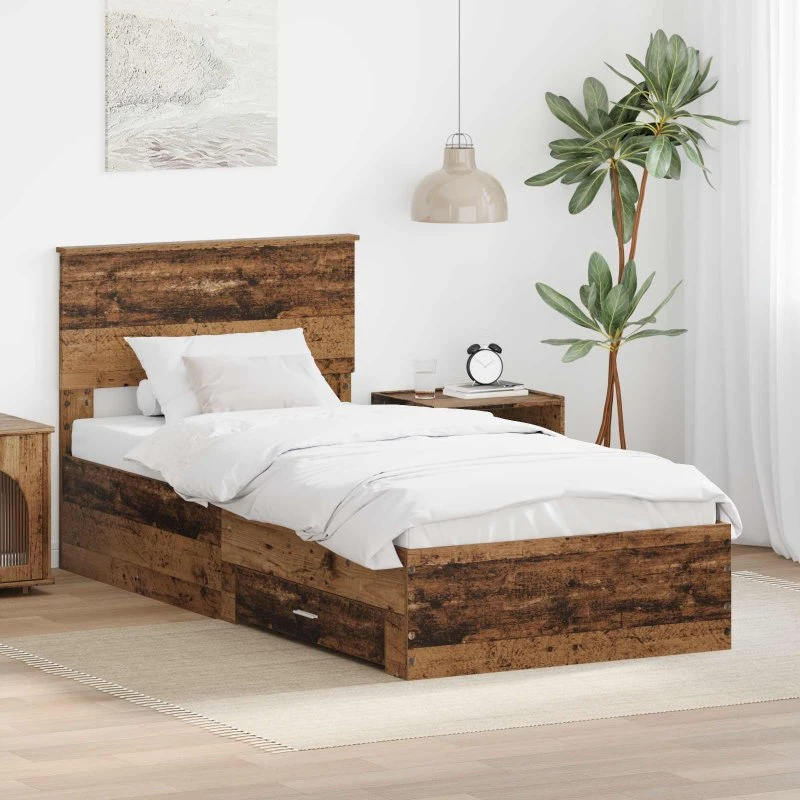Sengestel med skuffe 90x190 cm - Gammelt træ, konstrueret træ