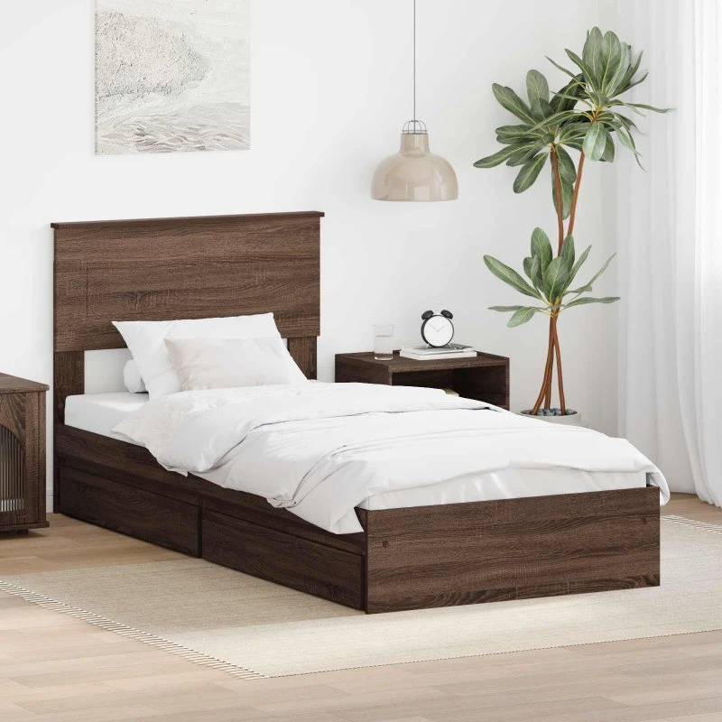 Opbevaringsseng m. skuffe Brun eg 75x190 cm - Konstrueret træ