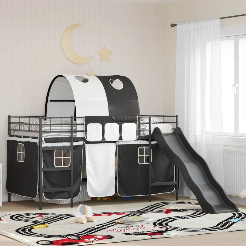 Børns loftseng i sort metal 107 x 200 cm med gardin