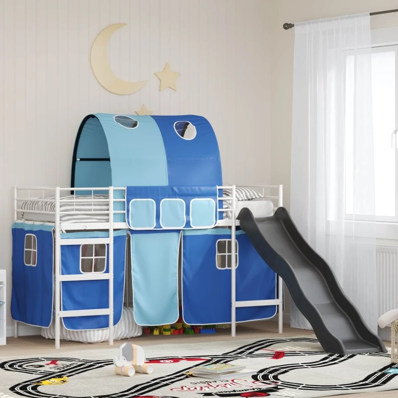 Loftseng til børn i metal 90x190 cm – hvid/blå