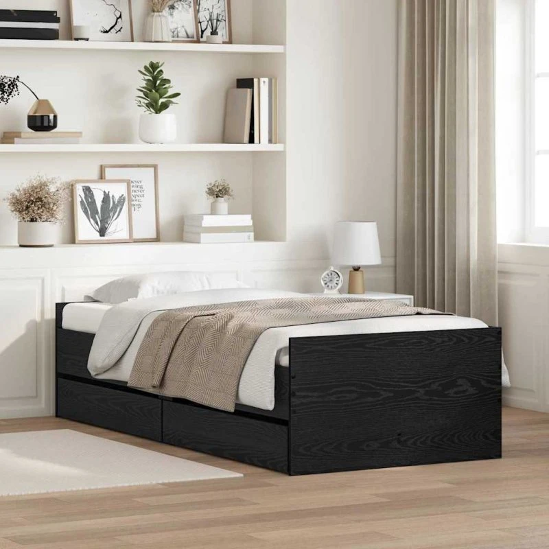 Sengestel 90x190 cm i massivt fyrretræ med skuffe - Sort eg