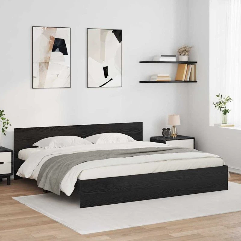 Sengestel med hovedgærde 200x200 cm – Sort eg, LED