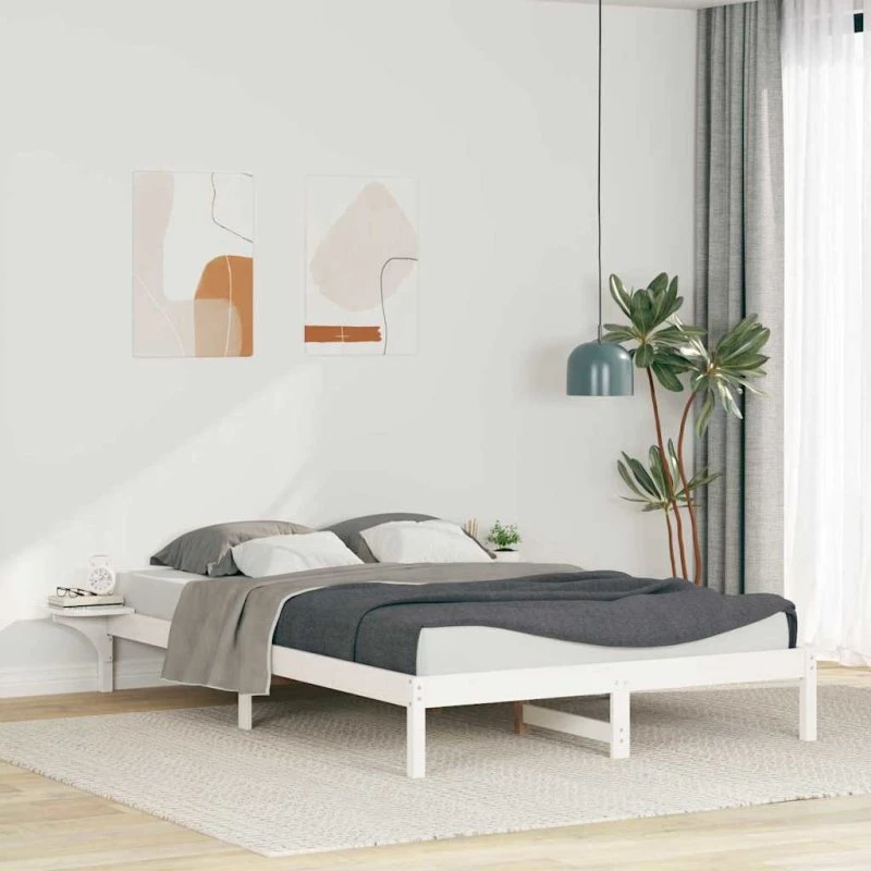 Sengestel med indbyggede sideborde 140x210 cm - Hvid, fyrretræ