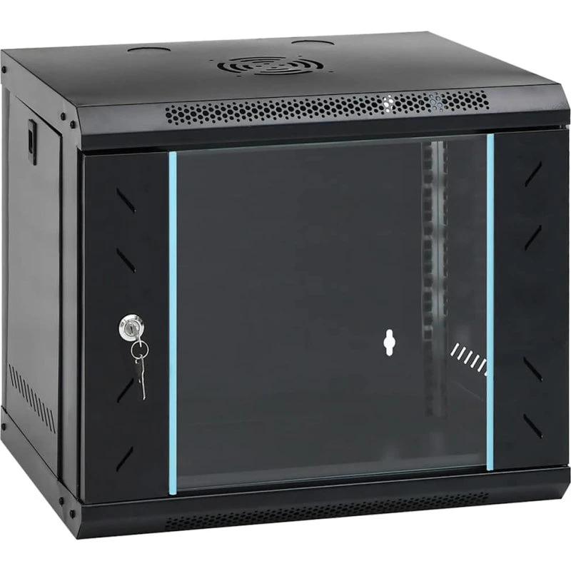 Netværksskab vægmonteret sort 53x45x45 cm, stål & glas