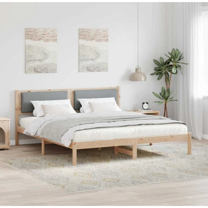Sengestel 200x200 cm Lysegrå i massivt fyrretræ med hovedgærde