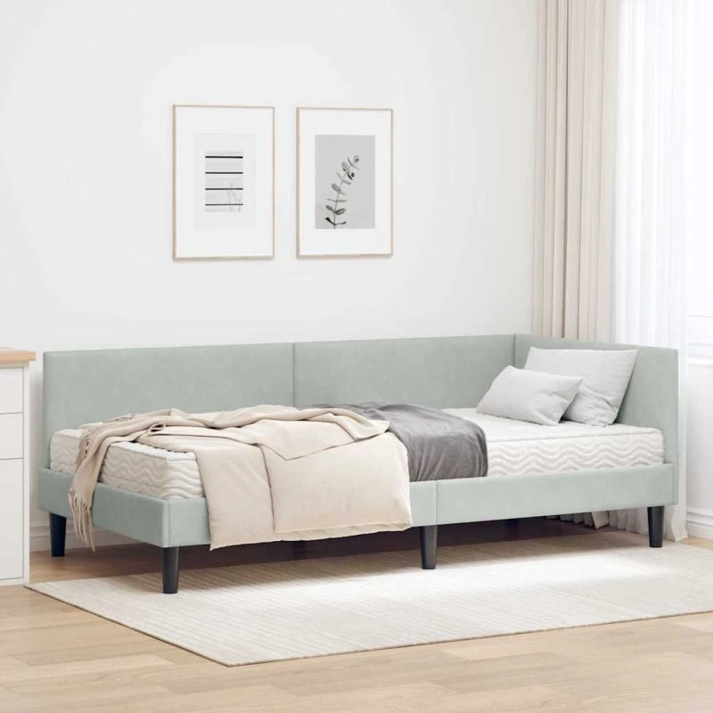 Hjørnesengramme med madras, 2 stk - Lysegrå fløjl