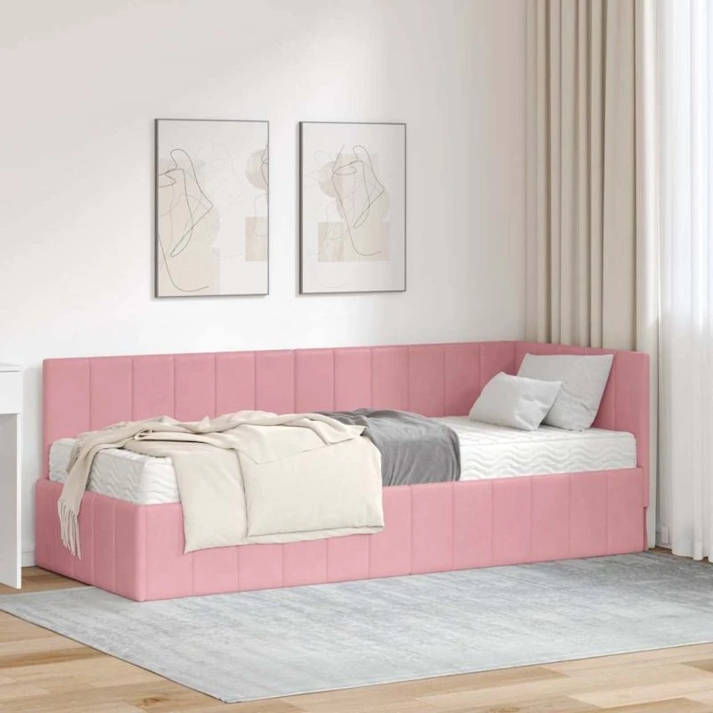 Lyserød hjørneseng 80x200 cm i fløjl med madras