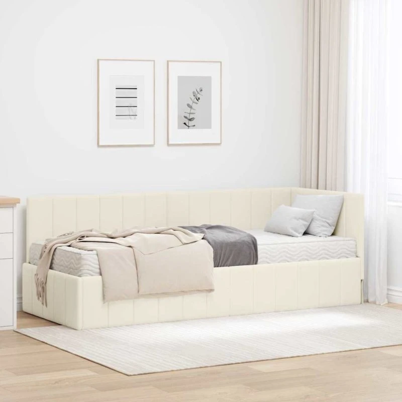 Hjørneseng 80x200 cm i creme fløjl m. madras