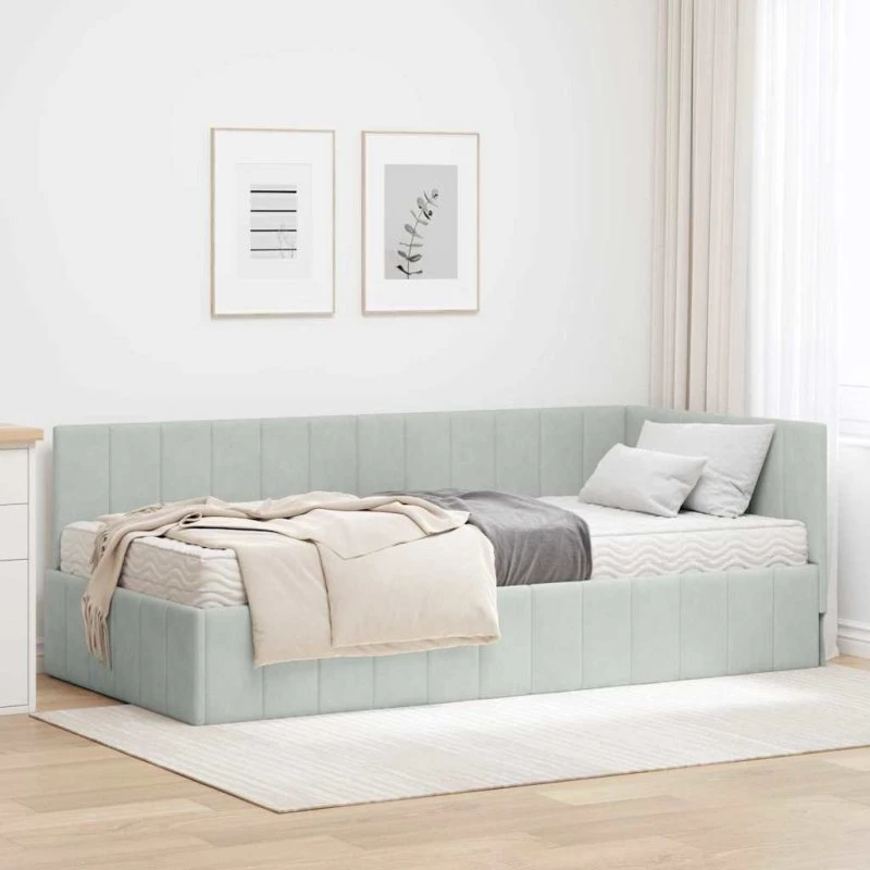Hjørneseng 100x200 Lysegrå Fløjl med Madras