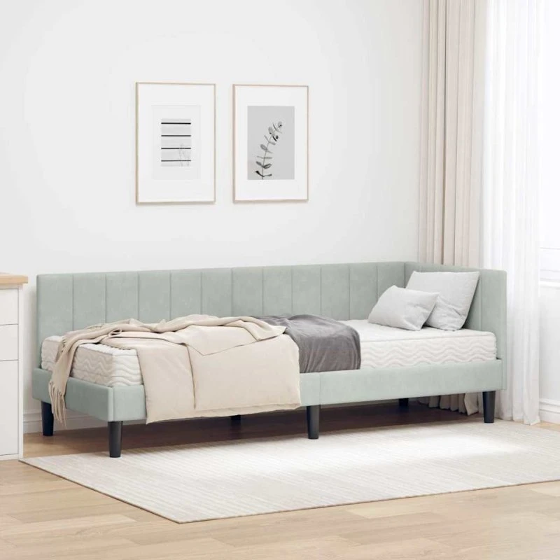 Hjørneseng med madras 80x200 cm, lysegrå fløjl