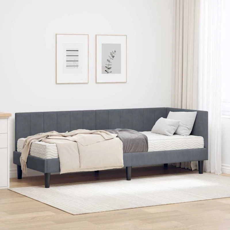 Hjørnesengramme med madras 80x200 - Mørkegrå fløjl
