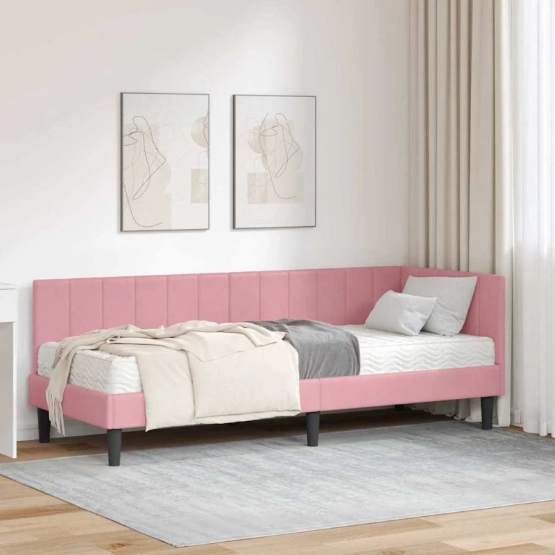 Hjørnesengramme med madras 80x200 cm - Lyserød fløjl