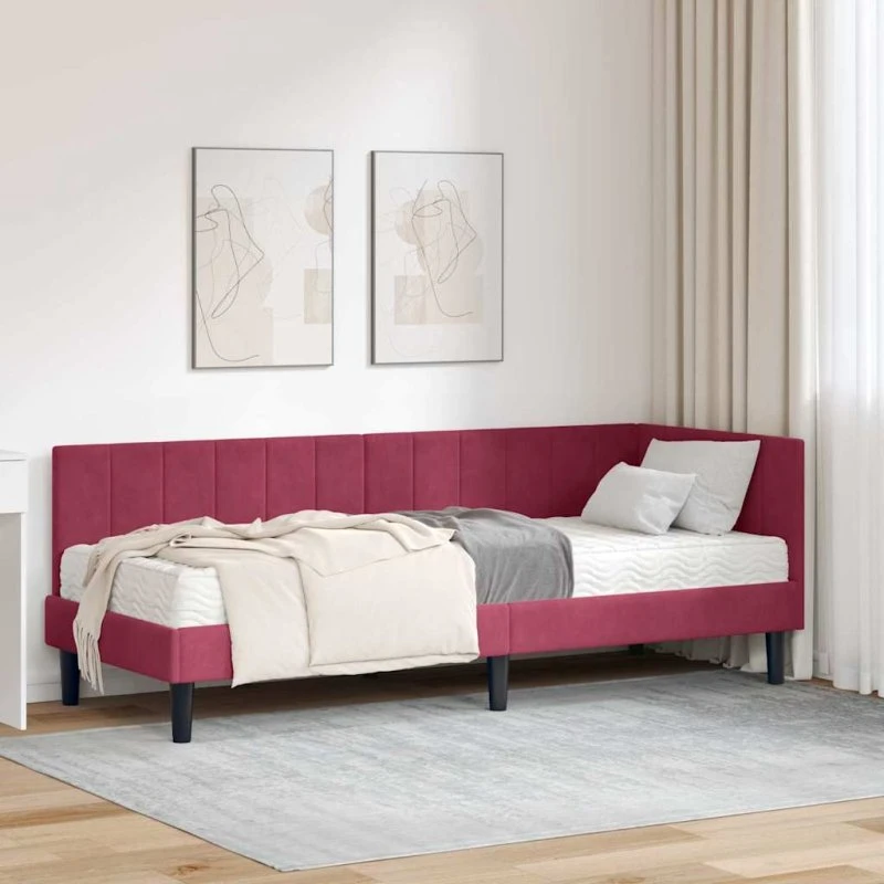 Hjørnesengramme med madras 80x200 cm fløjl – vinrød