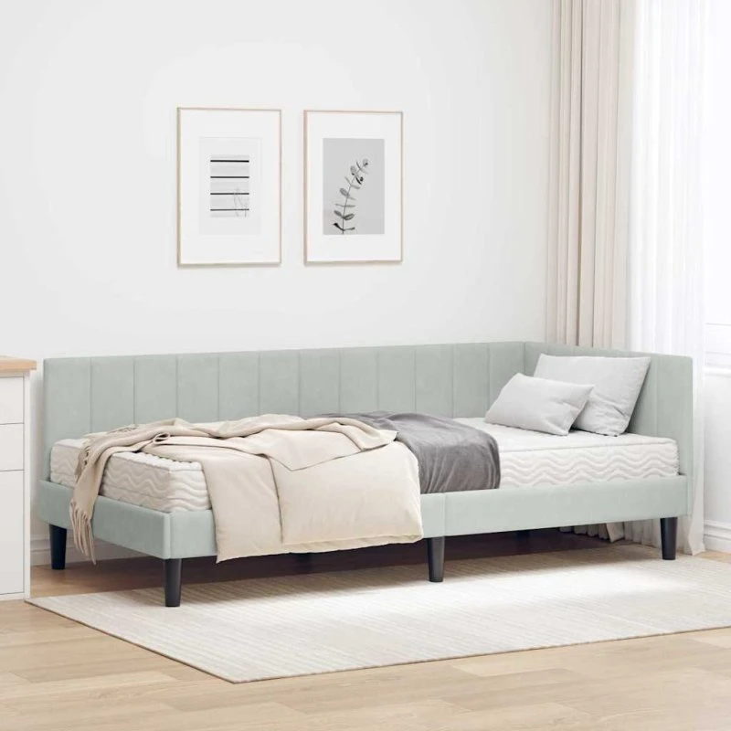 Hjørneseng 90x200 med madras - Lysegrå fløjl
