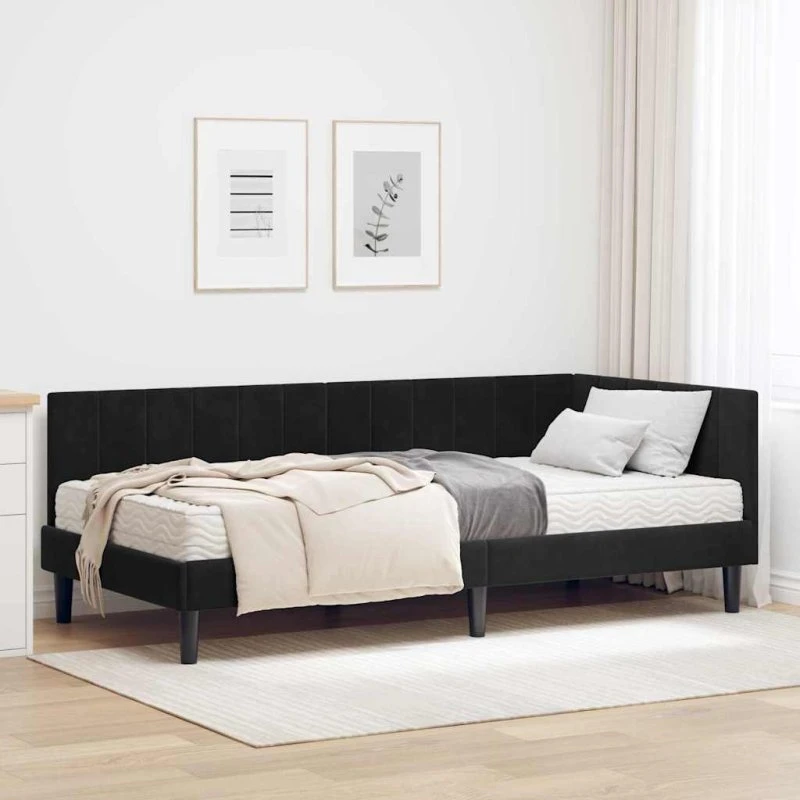 Hjørneseng 100x200 cm med madras – Sort fløjl