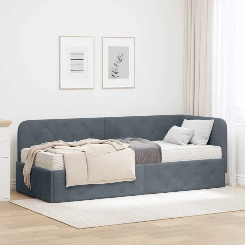 Hjørnesengramme L-formet Fløjl Mørkegrå 80x200 cm