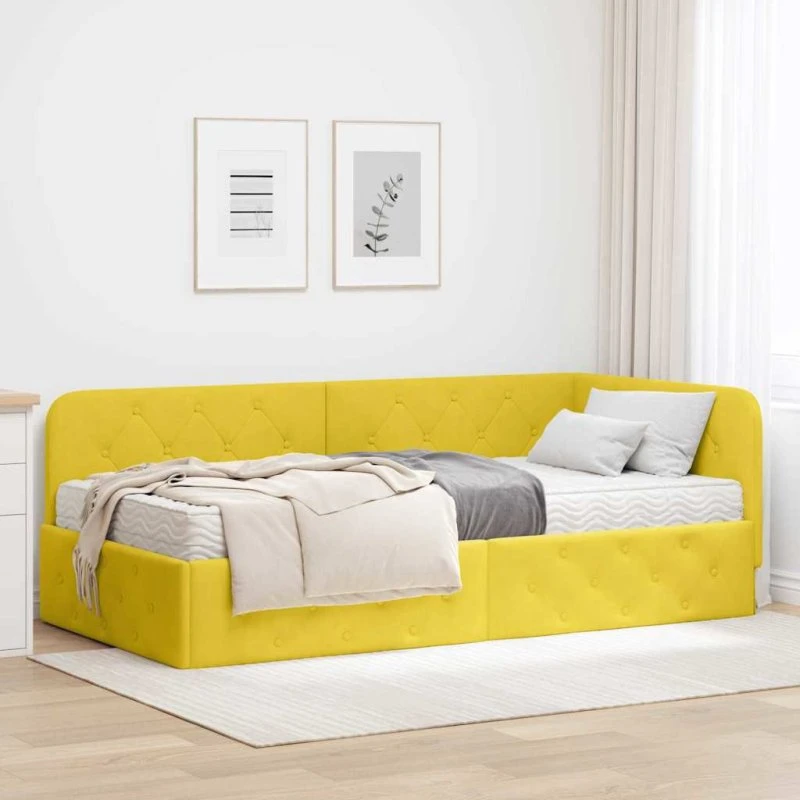 Hjørnesengramme L-formet 90x190 cm Gul Fløjl