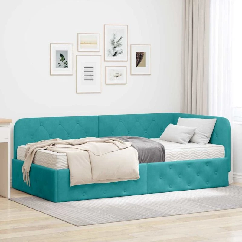 Hjørnesengramme i fløjl 90x190 cm – Turkis L-formet
