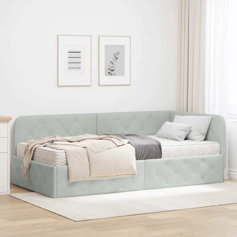 Hjørnesengramme L-formet 90x200 cm Lysegrå Fløjl