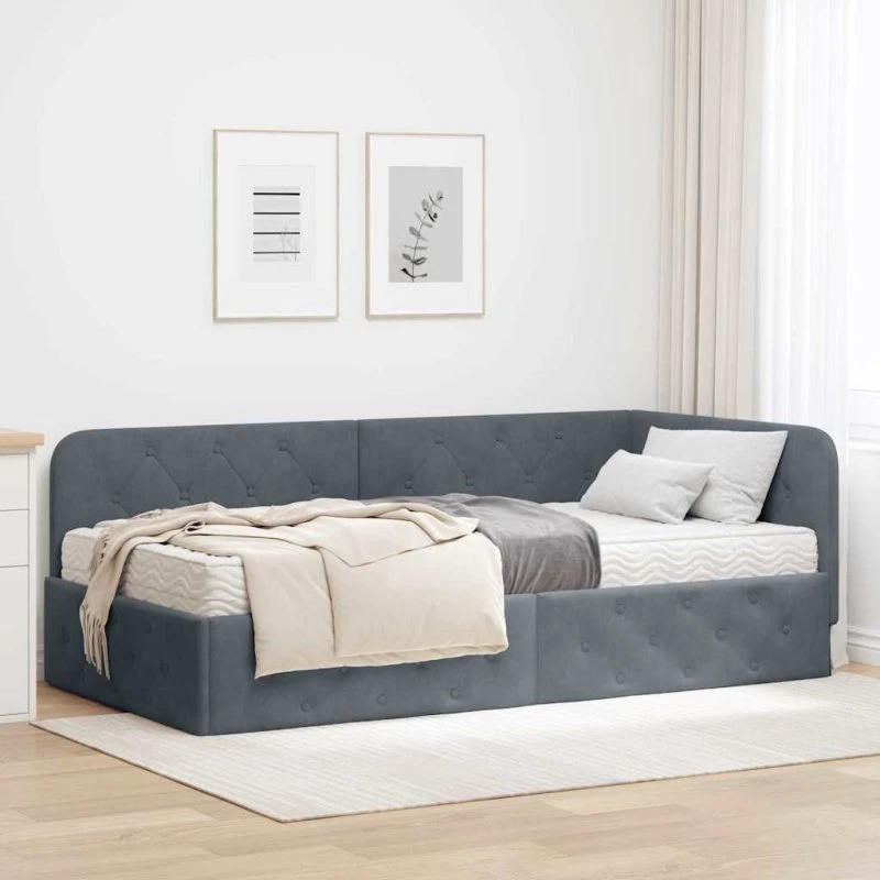 Hjørnesengramme L-formet 100x200 cm - Mørkegrå Fløjl